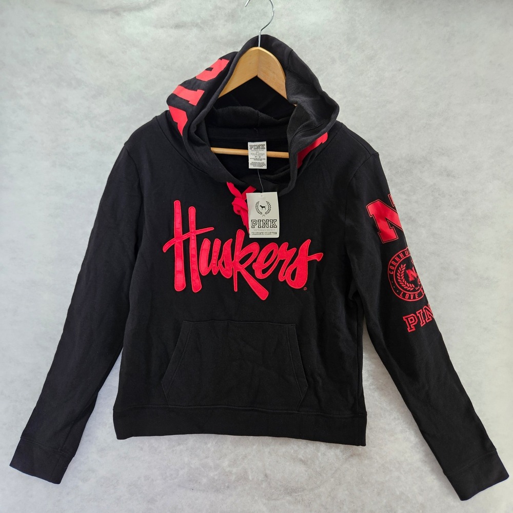 Victoria's Secret PINK Nebraska Huskers Hoodie Black Red Womens Medium NWT